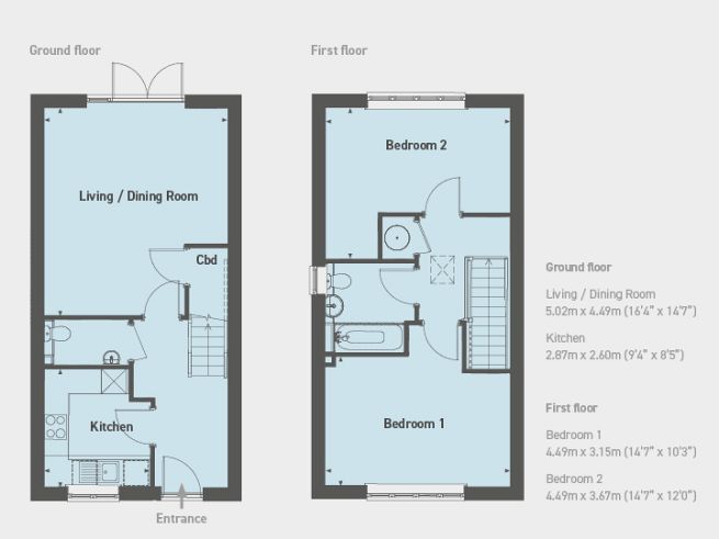 Floor plan, 2 bedroom houses - artist's impression subject to change.